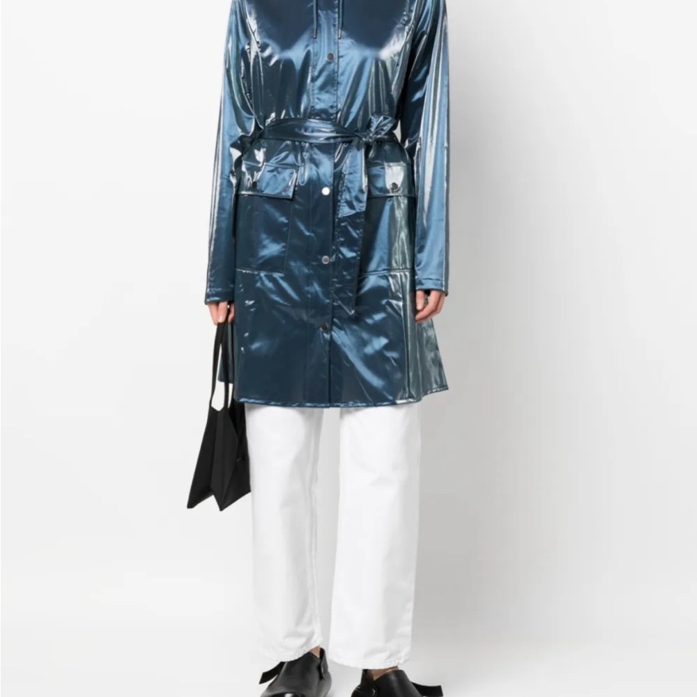 Rains “curve” hooded blue metallic raincoat